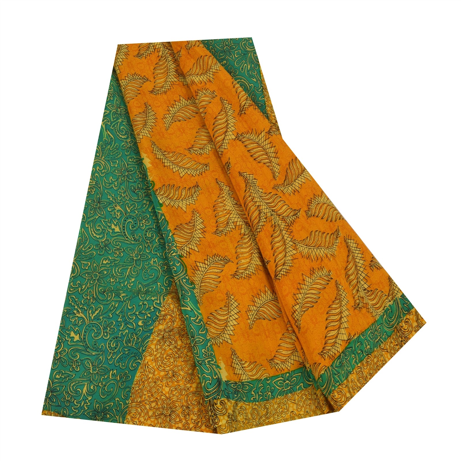 Sanskriti Vintage Sarees Yellow Pure Crepe Silk Printed Sari 5+Yd Craft Fabric
