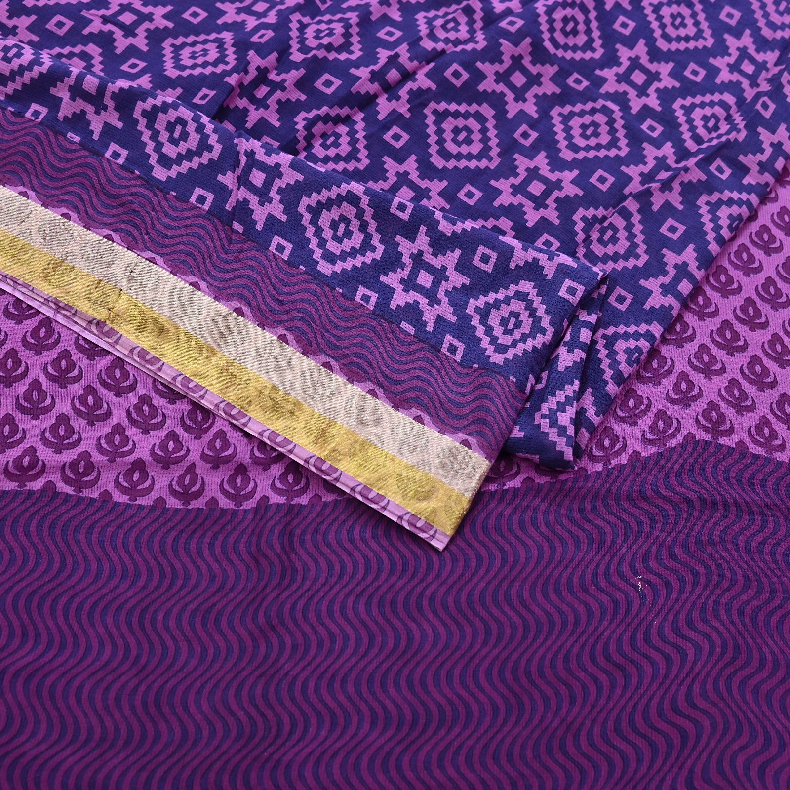 Indian Vintage Sari Blue & Purple Printed Pure Cotton Sarees Craft Fabric 5Yd