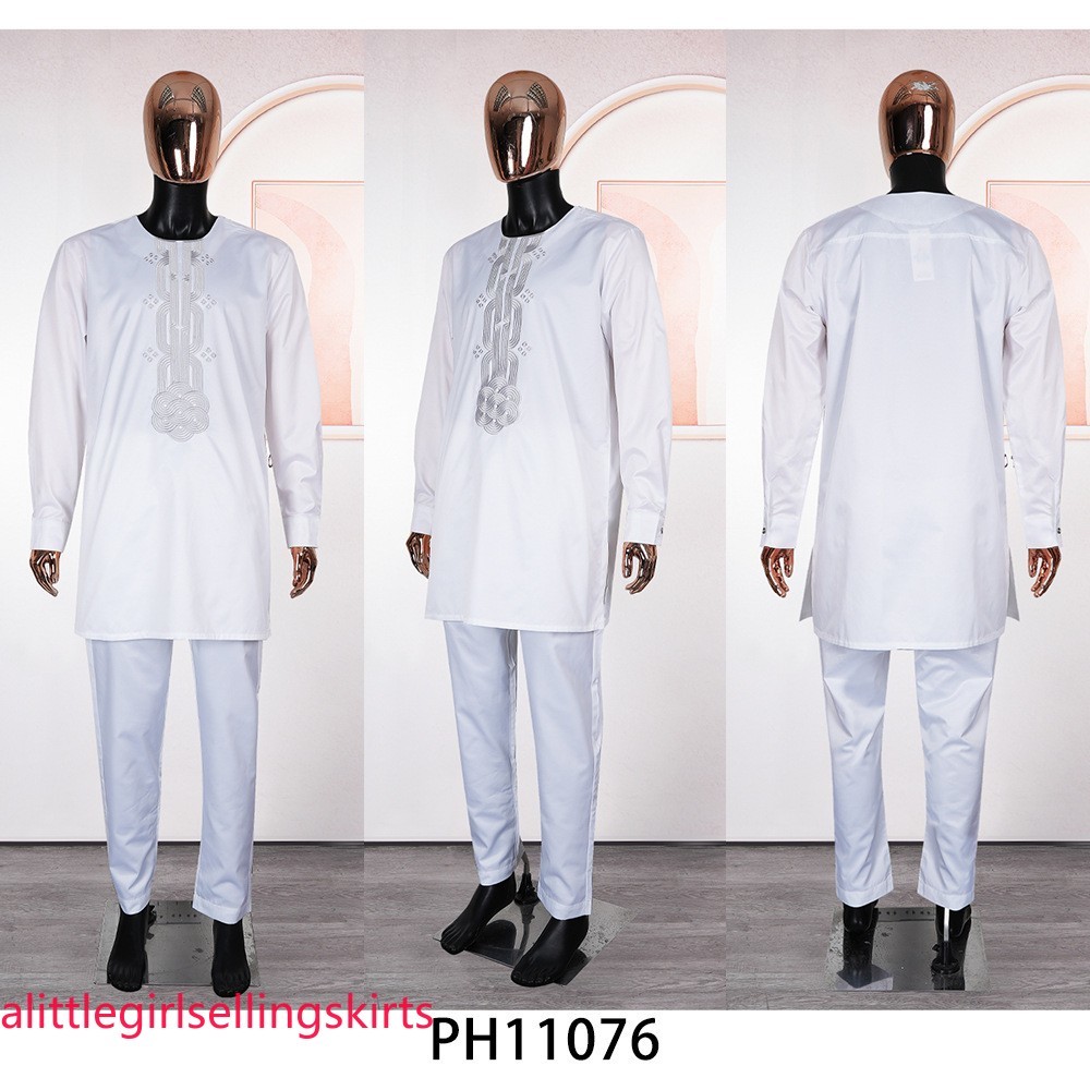 African Set for Men Dashiki Blouse Pant 2 Piece Set Dubai Embroidery Thobe Jubba