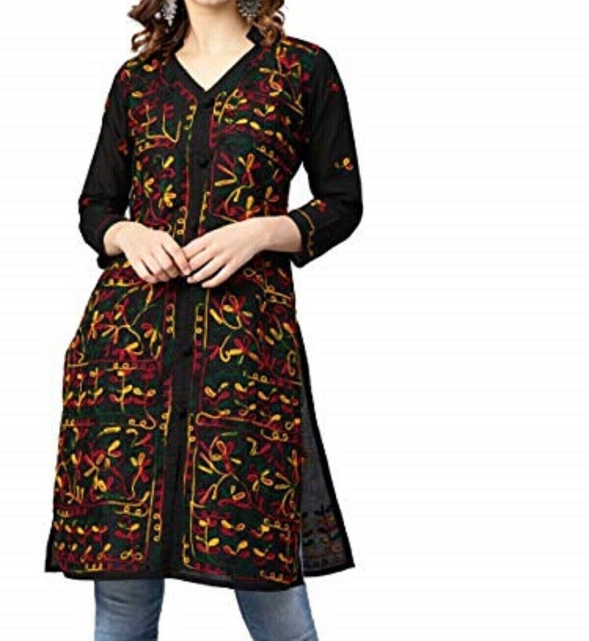 Indian Women Cotton Dresses,Side Slit Front Button Kurta,Black Multi Color Kurti