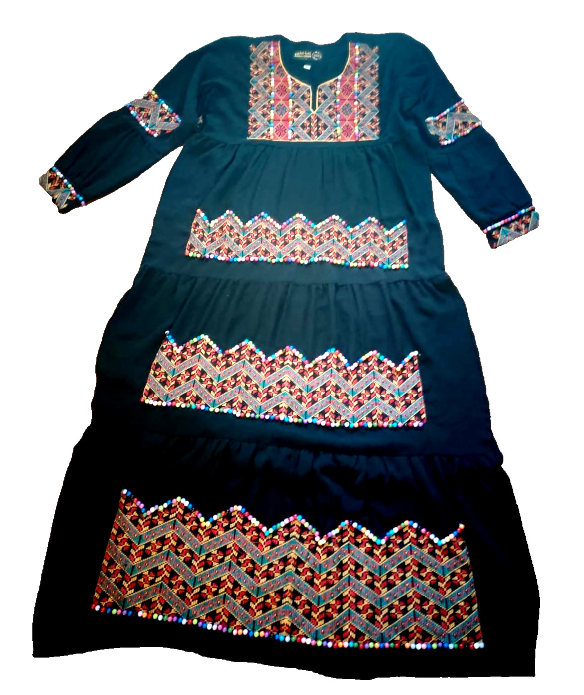 Modern Palestinian Thobe Kaftan Black Abaya – Embroidered and beaded . XL