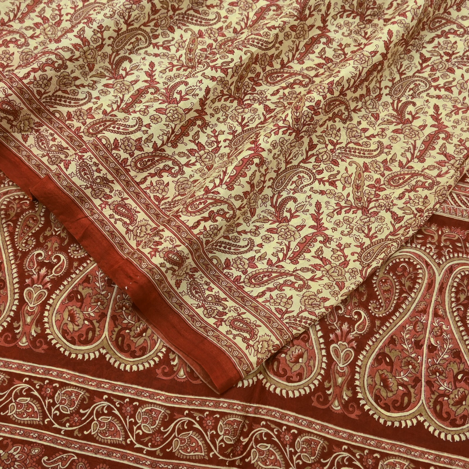 Indian Vintage Sari Brown & Ivory Pure Silk Printed Sarees Craft Fabric 6yd