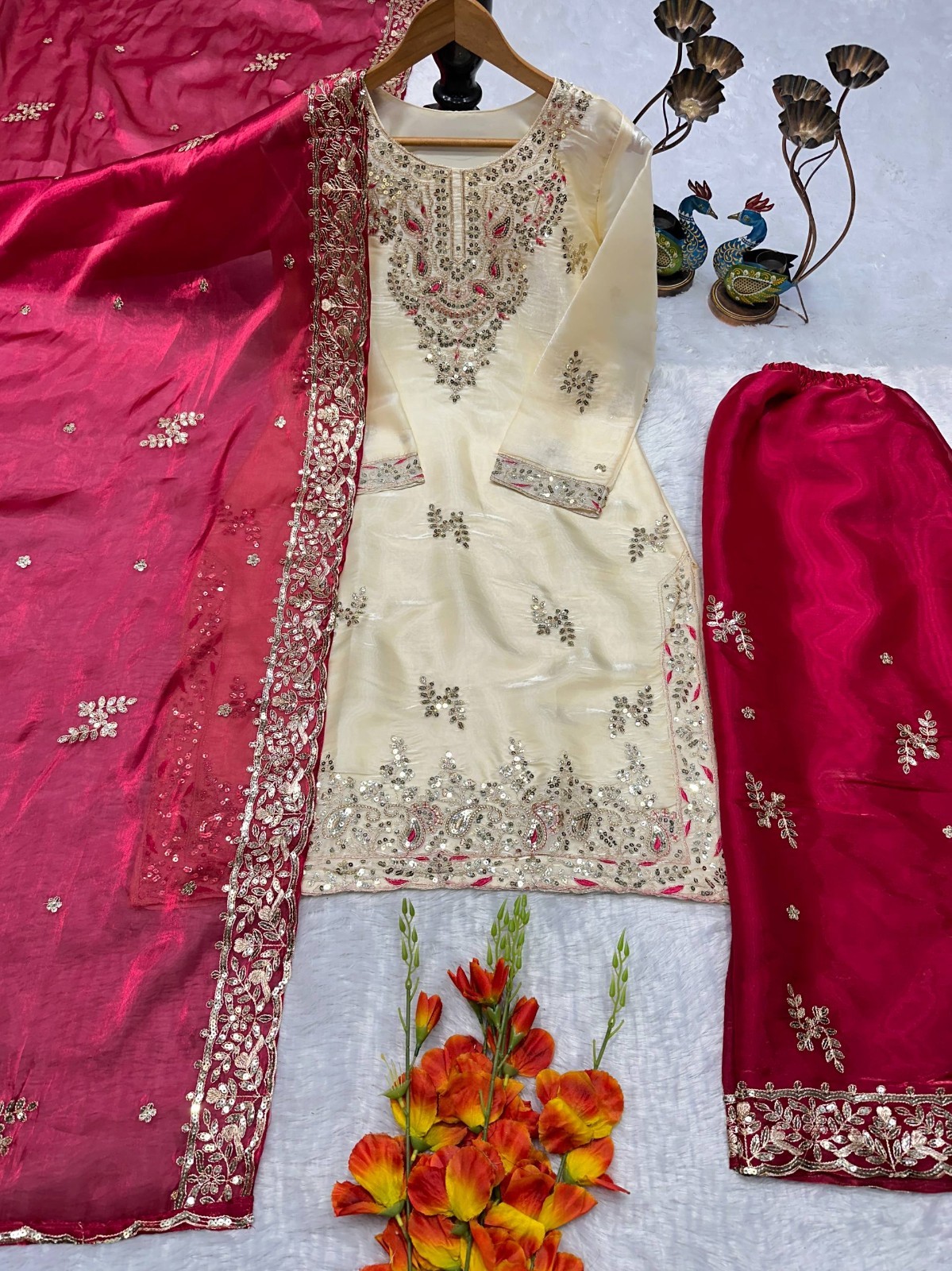 Stunning Heavy Silk Top Palazzo With Pink Dupatta For Women Party Wear
