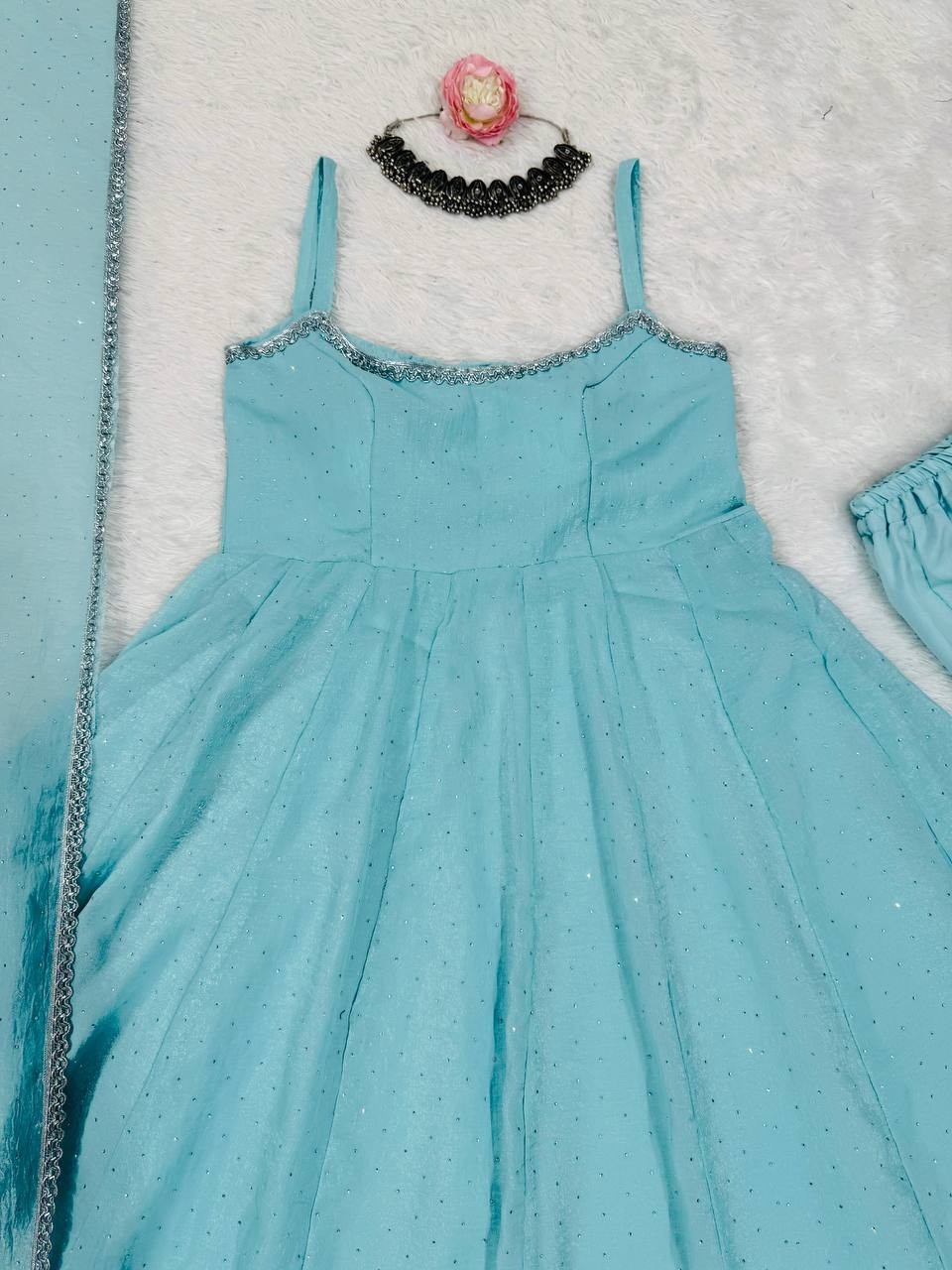 Latest Stylish Crunch Silk Sky Blue Gown Bottom With Dupatta For Festival Wear
