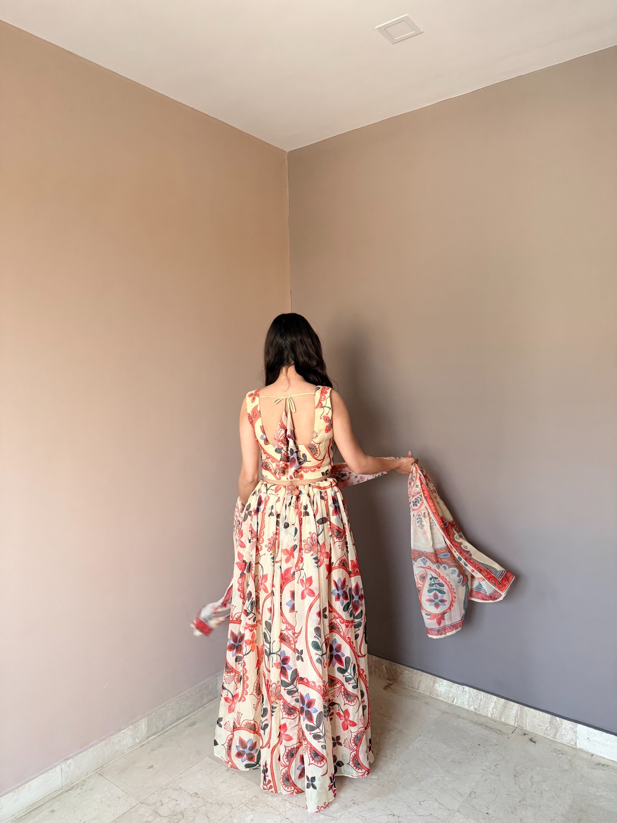 Pure Organza Floral Printed Lehenga Choli Set Intricate Hand Work Sleeveless