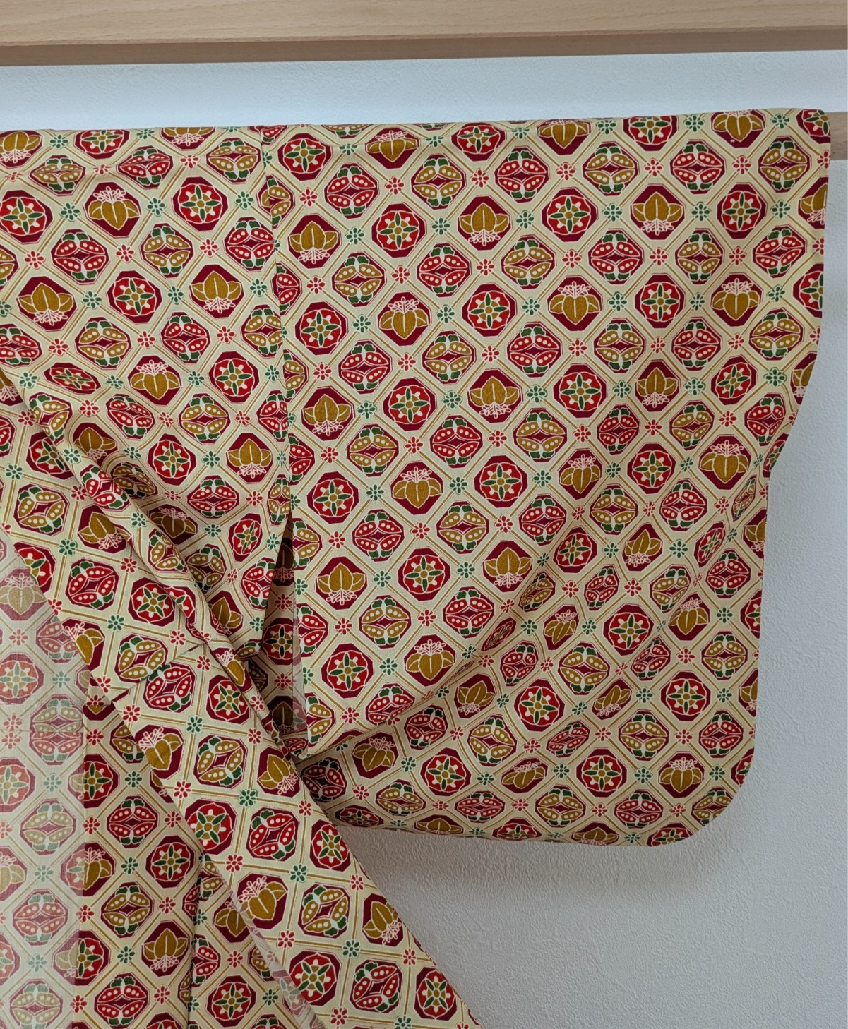 Vintage Japanese Kimono Robe Wool Hitoe Red Beige Geometric Floral Textile Art