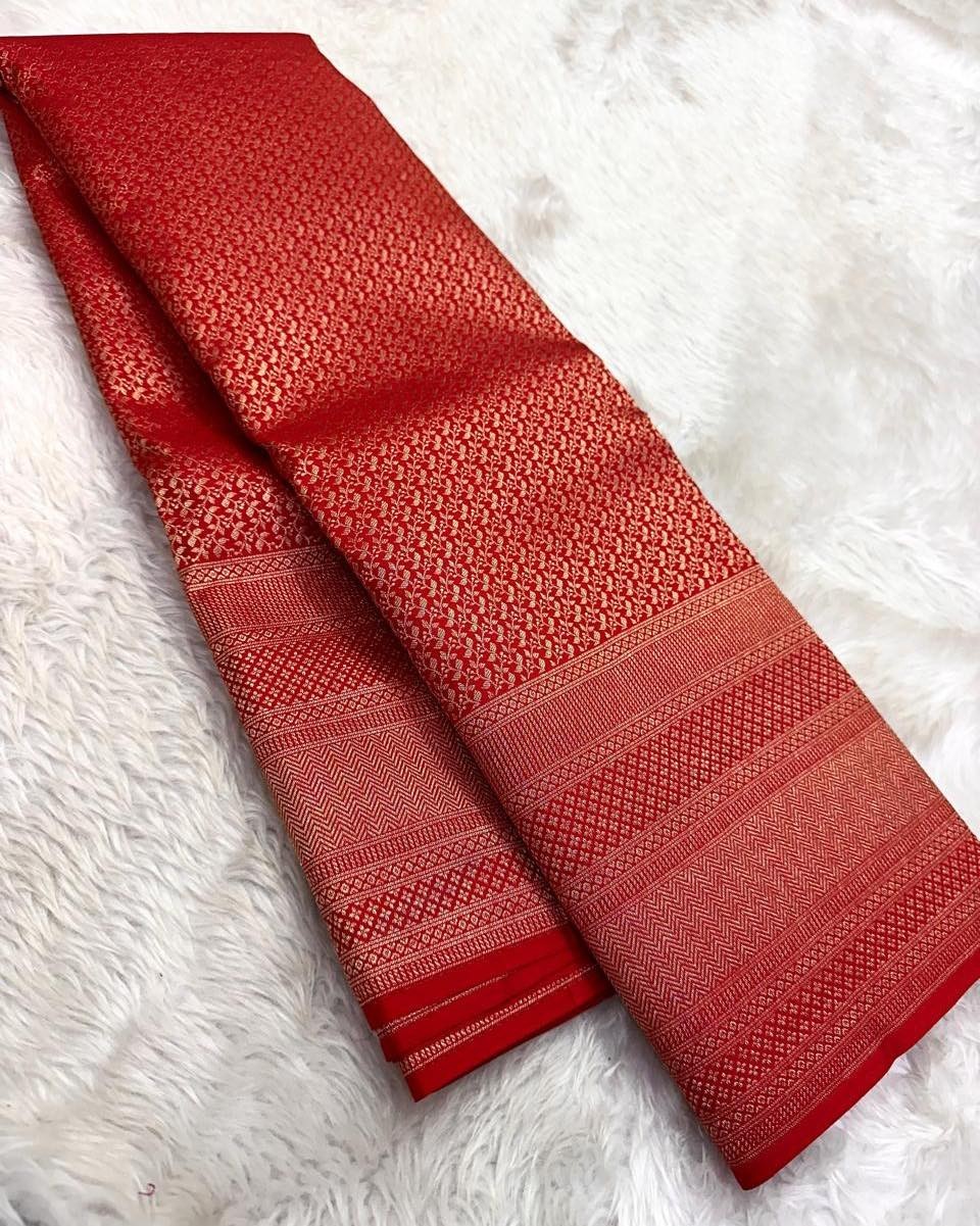 Regal Red Soft Silk Saree with All-Over Golden Zari Design ✨
