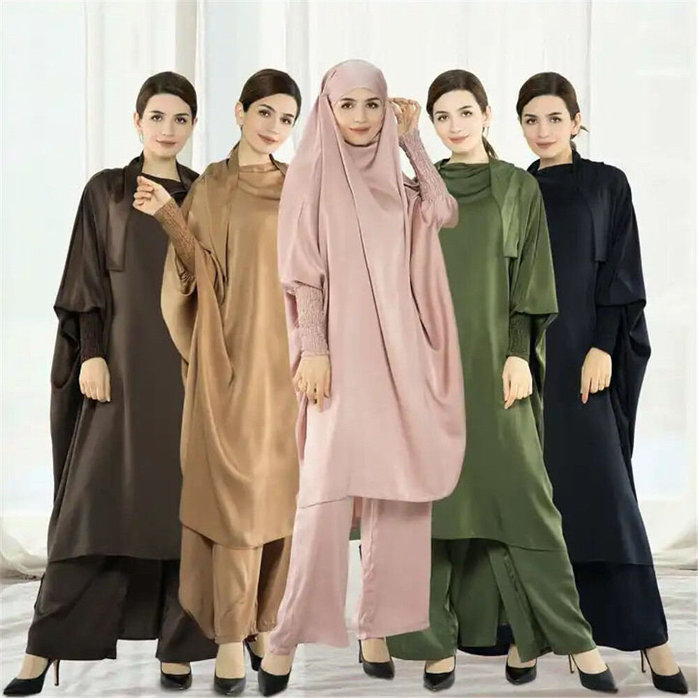 2pcs Set Abaya Women Muslim Prayer Tops Wide Leg Pant Prayer Khimar Islamic Arab