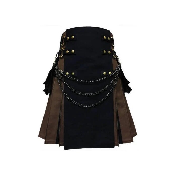 Men’s Black Brown 48″ Inch Waist size Hybrid Utility Scottish Pleated Kilt.