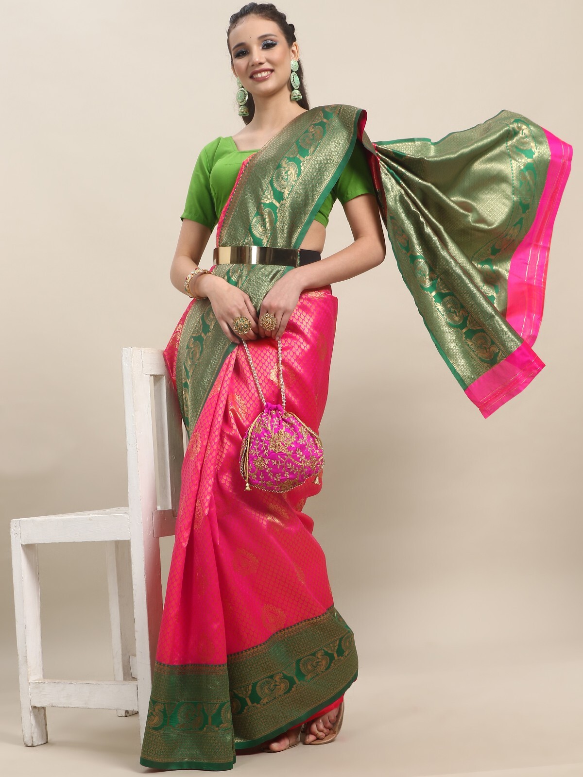 Areca Designer Pink Peacock Silk saree blouses women Saree cut-5.5 meter