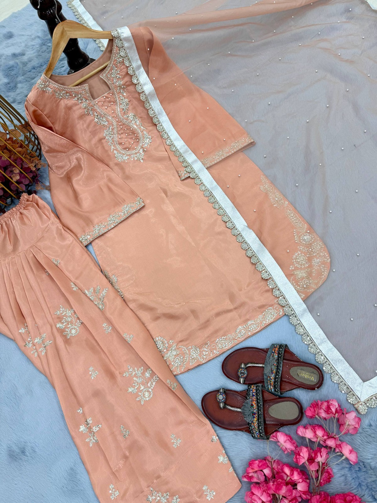 New Arrival Roman Glass Silk Salwar Kameez With Organza Silk Dupatta For Women