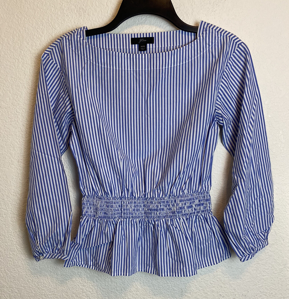 J.CREW Blue and White Striped Boat Neck Smocked Top Women’s Size XXS