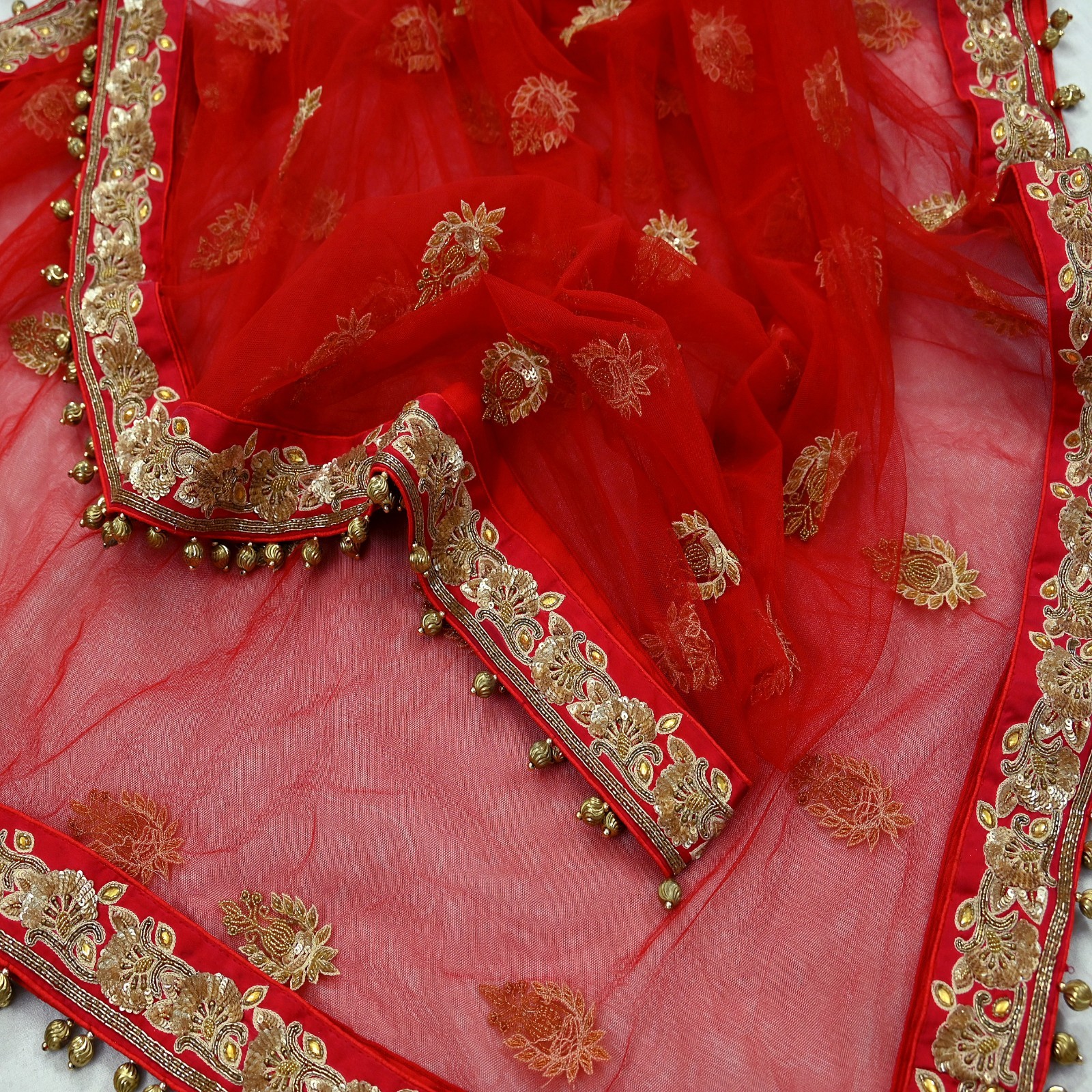 Indian Wedding Red Net/Satin Silk Hand Embroidered Designer Lehenga 3pcs set