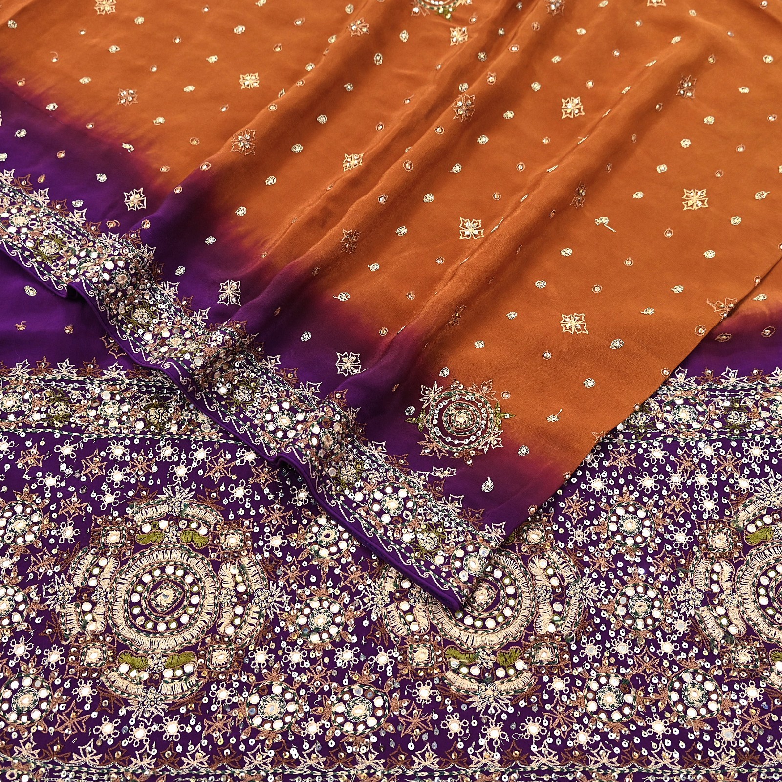 Indian Vintage Sari Purple & Mustard Pure Crepe Silk Hand Embroidered Sarees 6yd