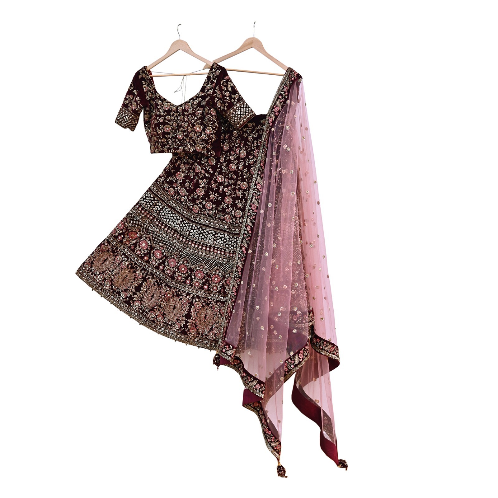 Indian Heavy maroon & pink Net/velvet Hand Embroidered Designer Lehenga 3pcs Set