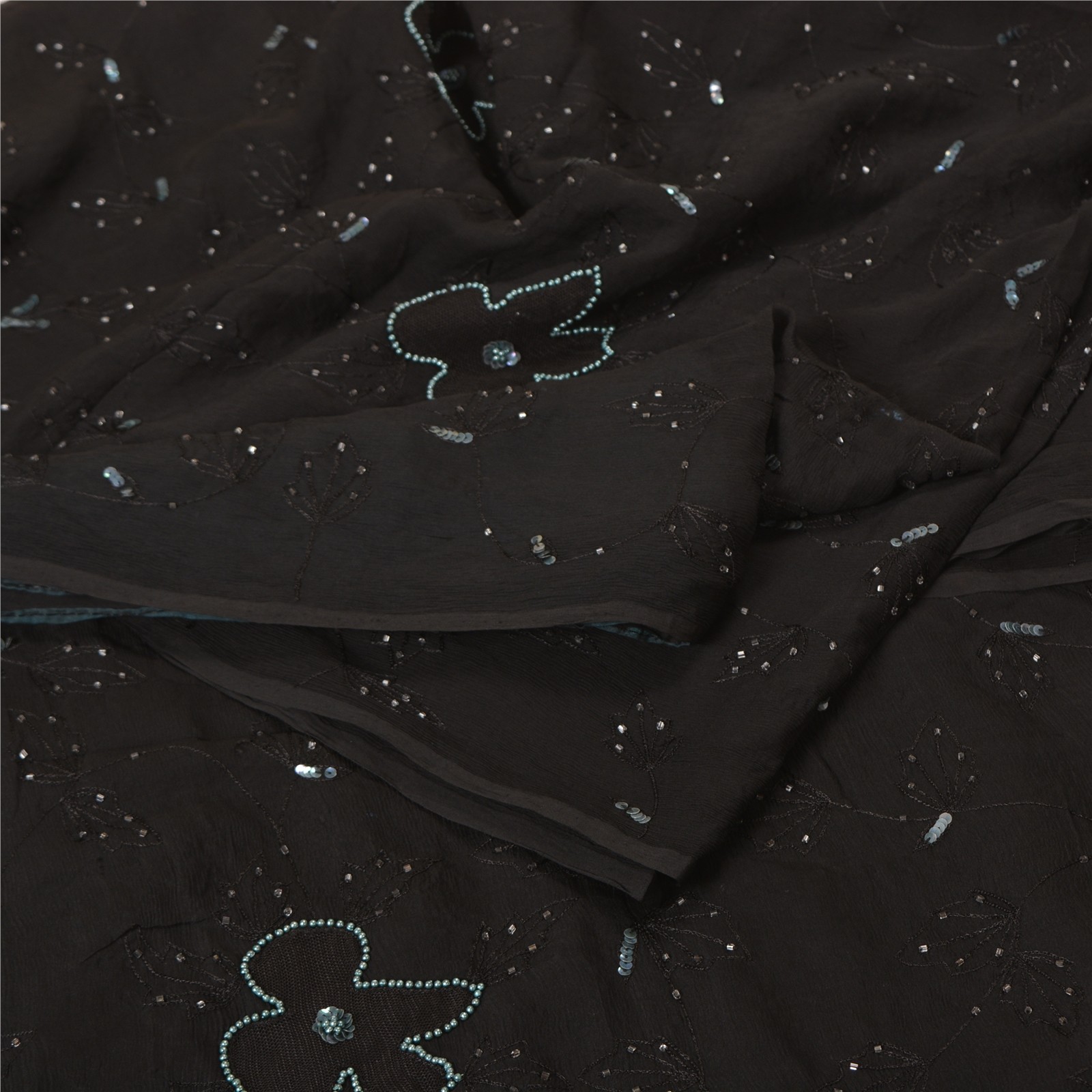 Sanskriti Vintage Black Sarees Pure Chiffon Silk Hand Beaded Sari 5 Yard Fabric