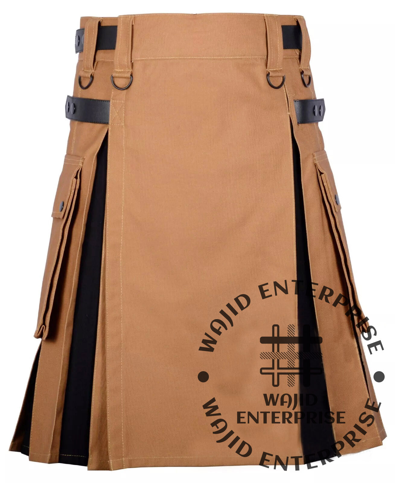 Scottish Handmade Hybrid Utility Kilt – Camel Brown Canvas & Black Cotton Kilt
