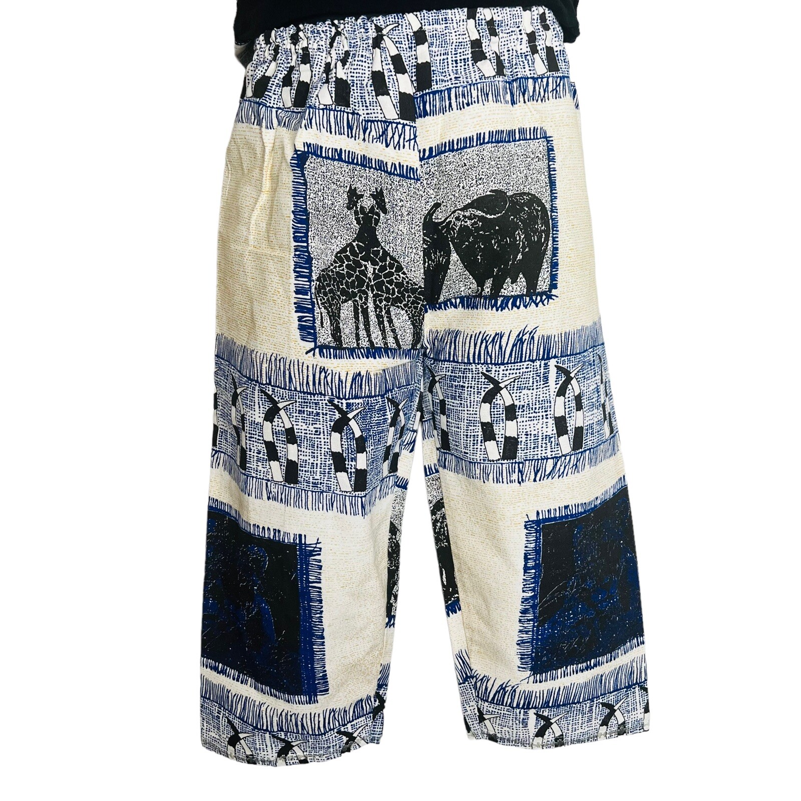 Thick Cotton African Beige , Black, & Blue Animal Print Pants