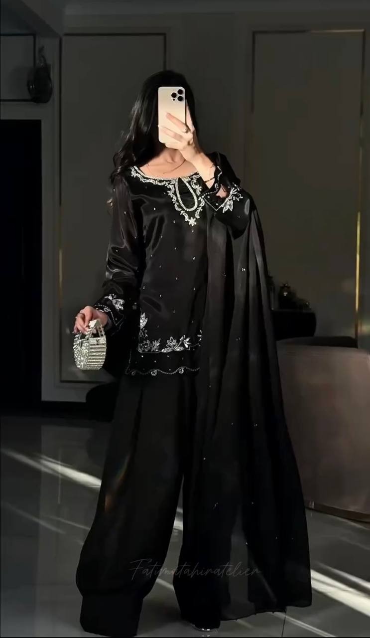 Black Natural Satin Silk Farshi Salwar Kameez With Dupatta For Indian Functional