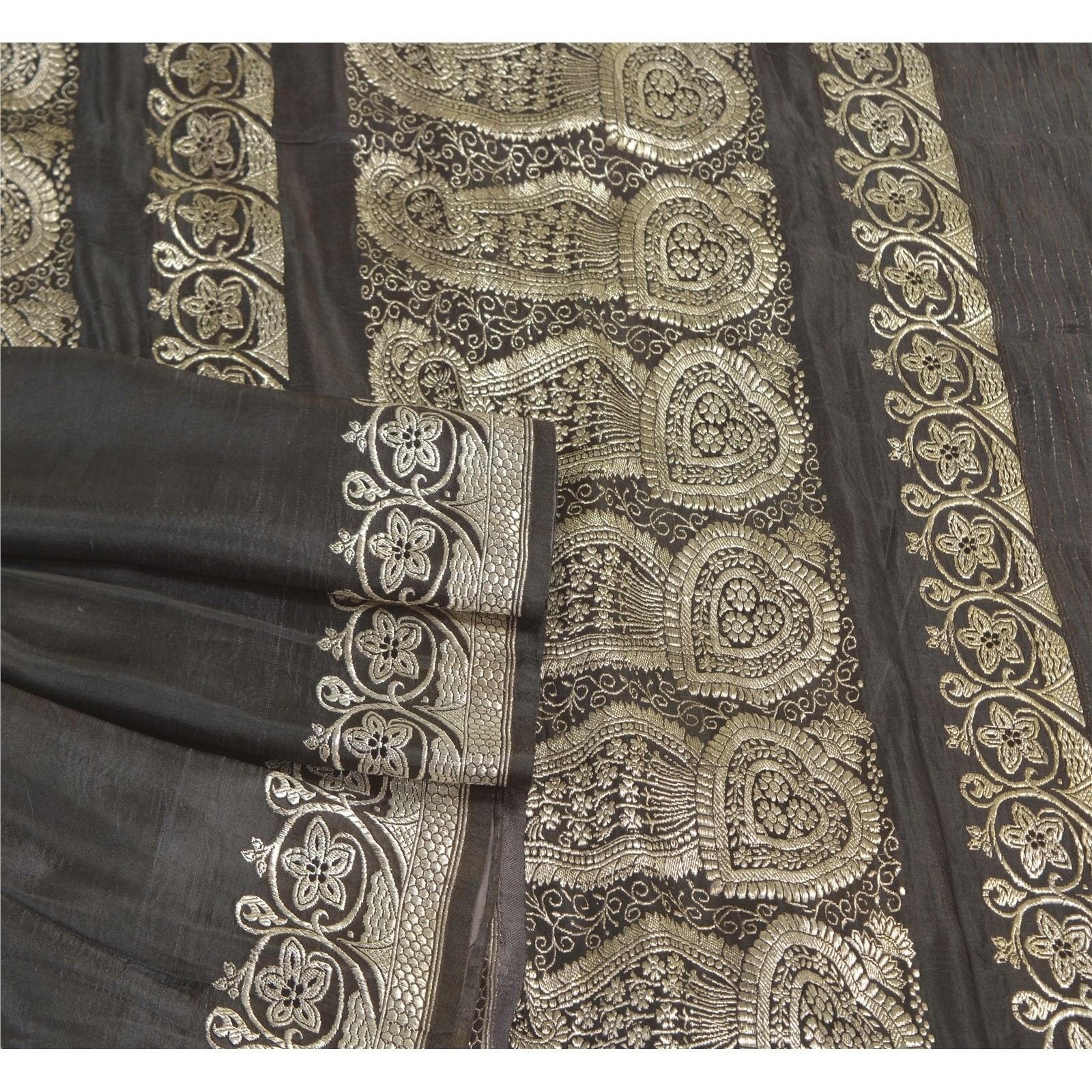 Sanskriti Vintage Black Sarees Pure Satin Zari Woven Brocade Banarasi 5Yd Sari
