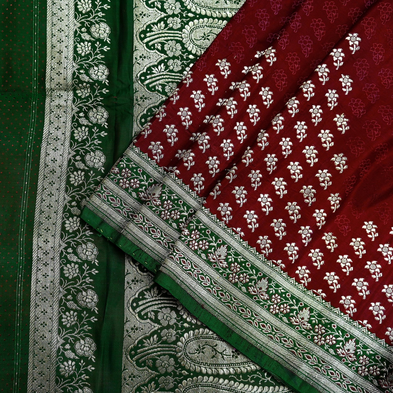 Vintage Banarasi Saree Pure Satin Silk Woven Brocade Zari Fabric Maroon & Green