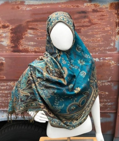 Fashion Pashmina Paisley Print Shawl Blue & Gold Shoulder Wrap Hijab