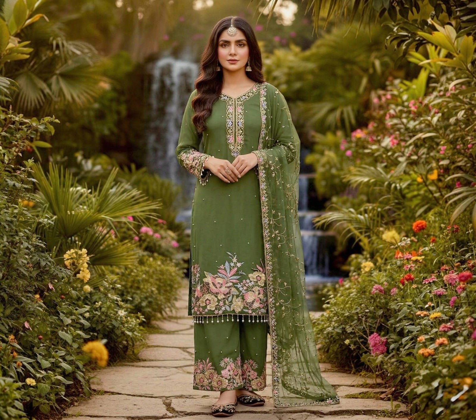 Faux Georgette Mehendi Green Salwar Kameez Floral Wedding Party Suit Readymade
