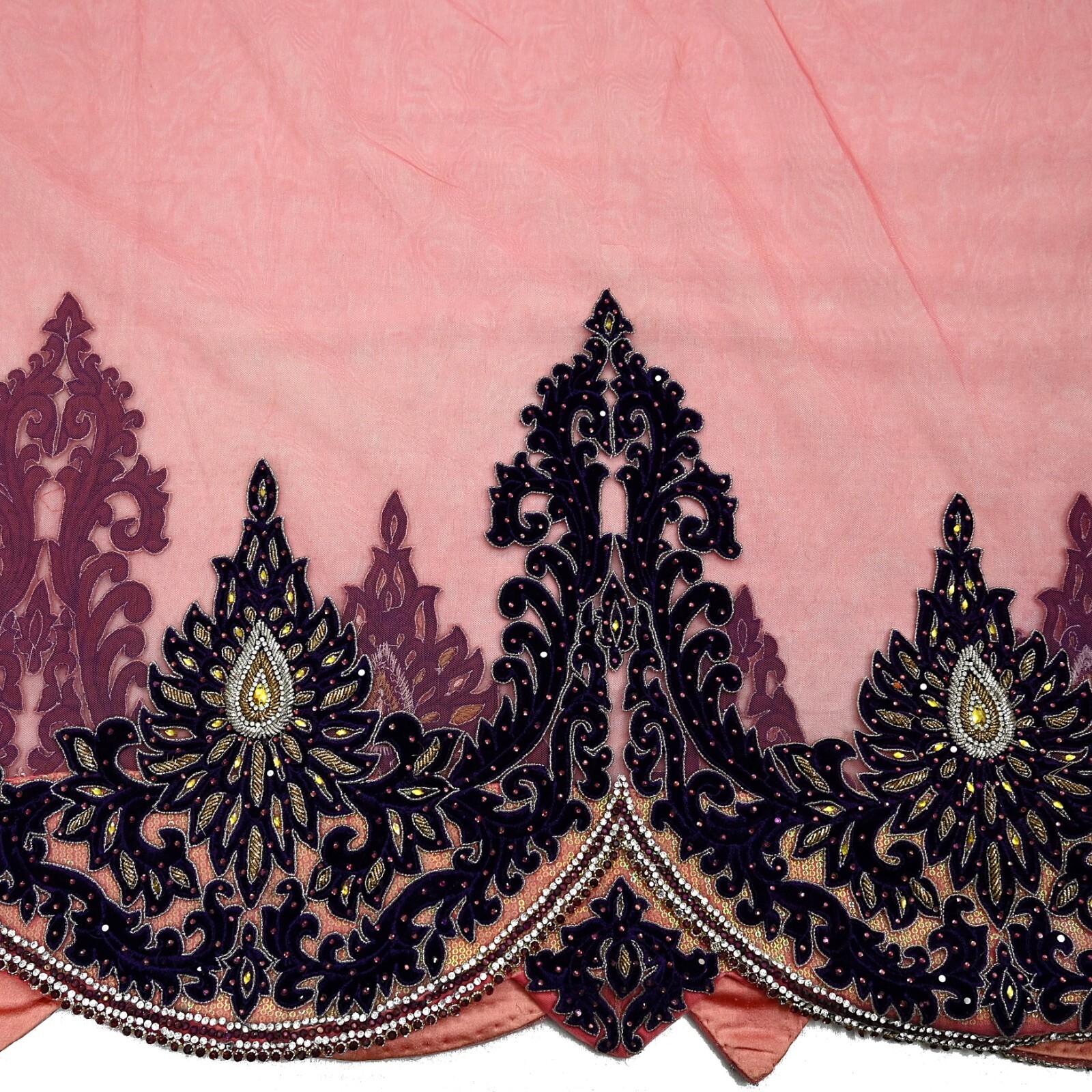 Vintage Heavy Sari Peach Net/Mesh Hand Embroidered Sarees Craft Fabric 5Yd