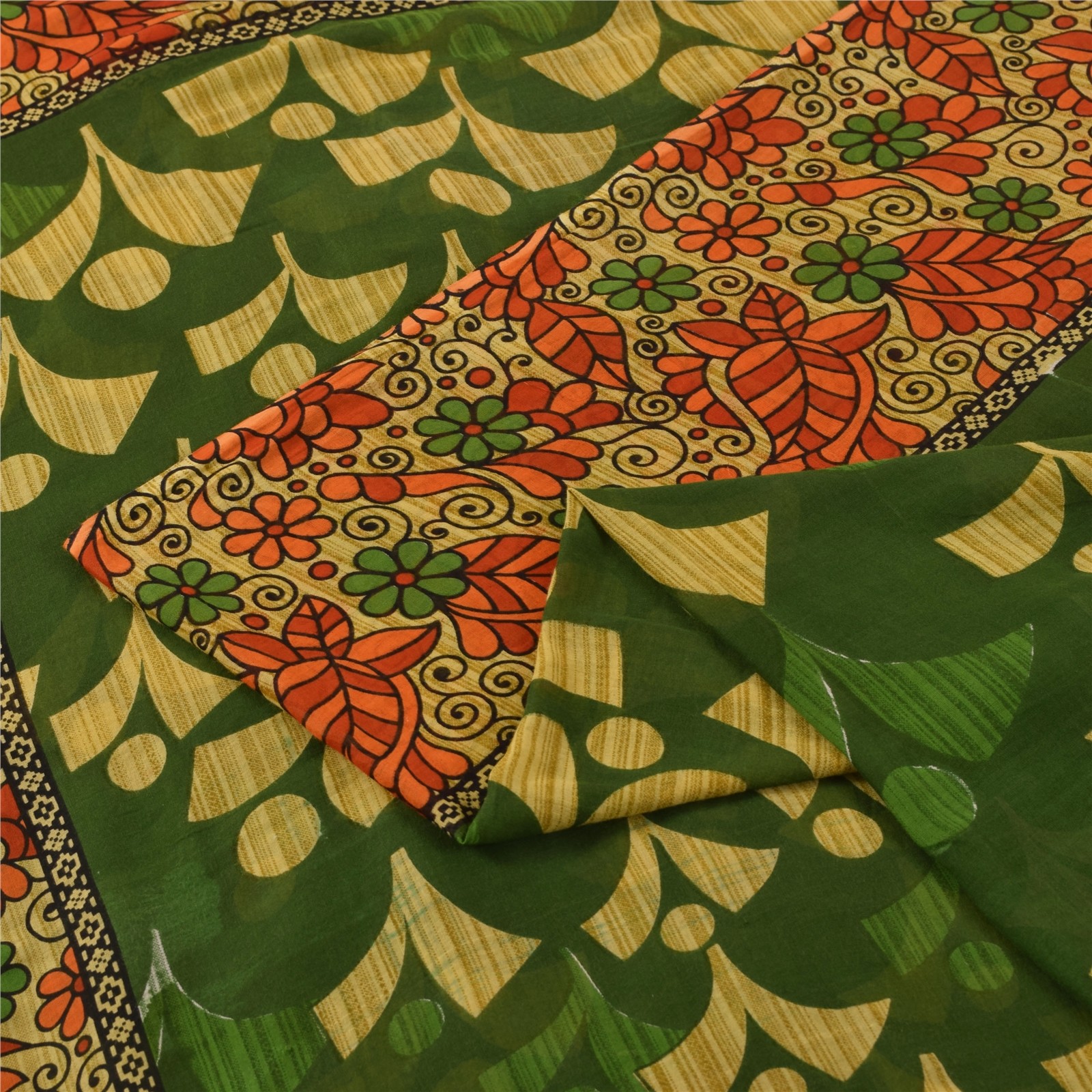 Sanskriti Vintage Sarees Green 100% Pure Cotton Printed Sari 5+Yd Craft Fabric