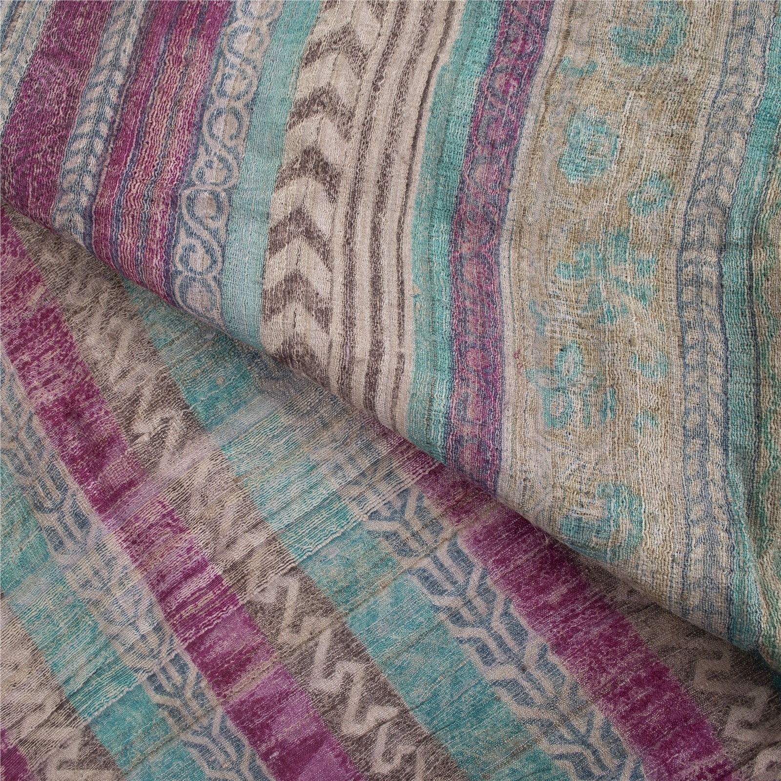 Sanskriti Vintage Blue & Pink Pure Woolen Sarees Abstract Lines Print 5+Yd Sari
