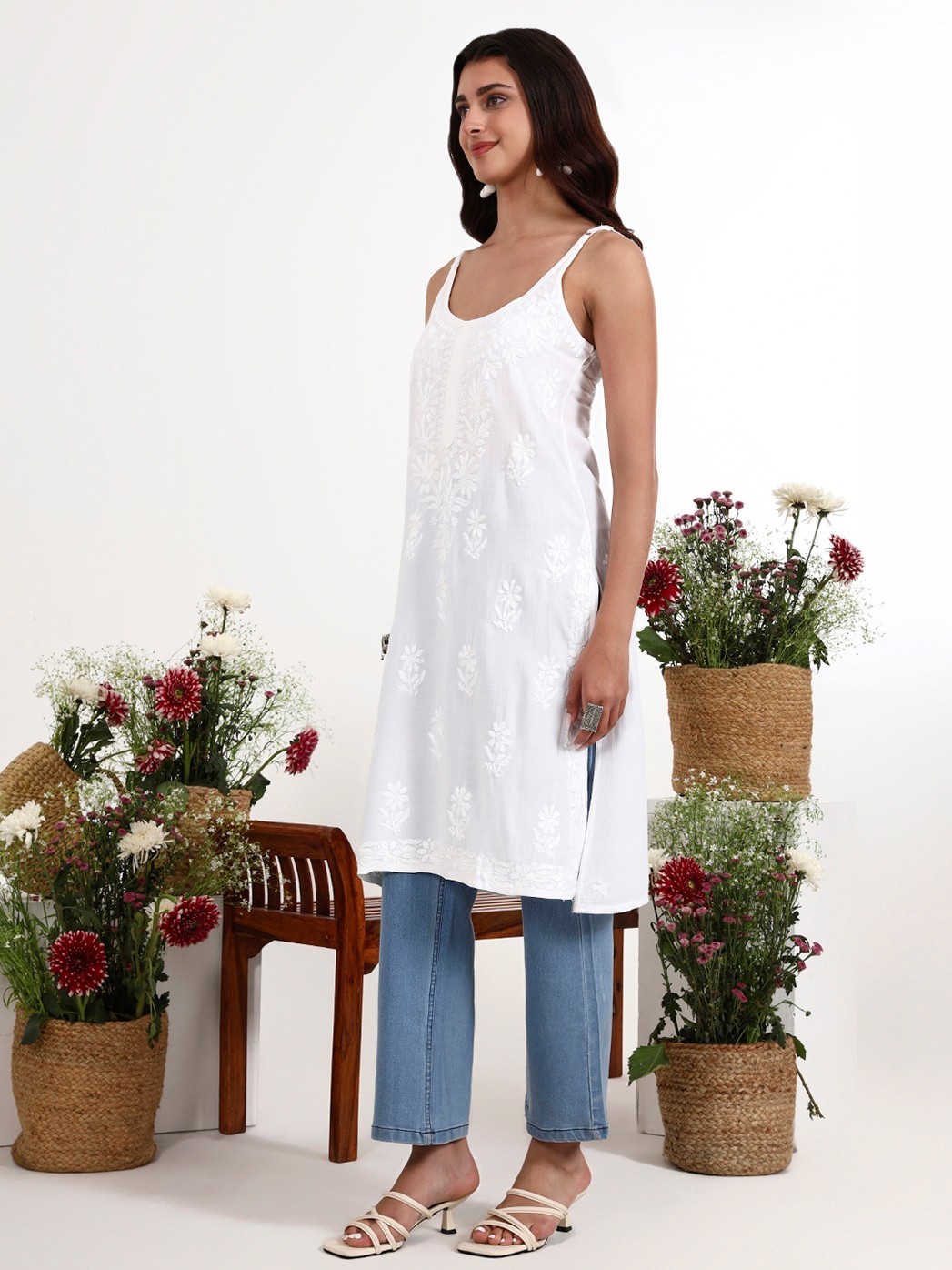 Women’s White Chikankari Sleeveless Kurti Embroidered Summer Tunic Ethnic Top