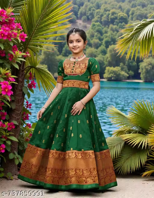 South Indian Silk Traditional Party Wear Gown For Girls Kids Onam Dress for Girl