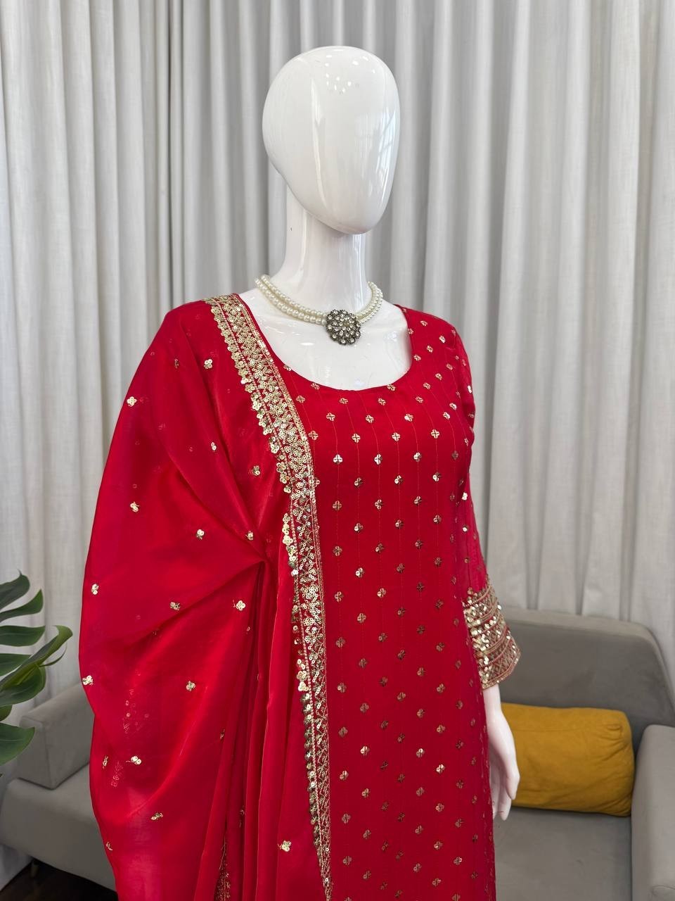 Stylish Look Heavy Silk Red Salwar Kameez With Dupatta For Festival Wear