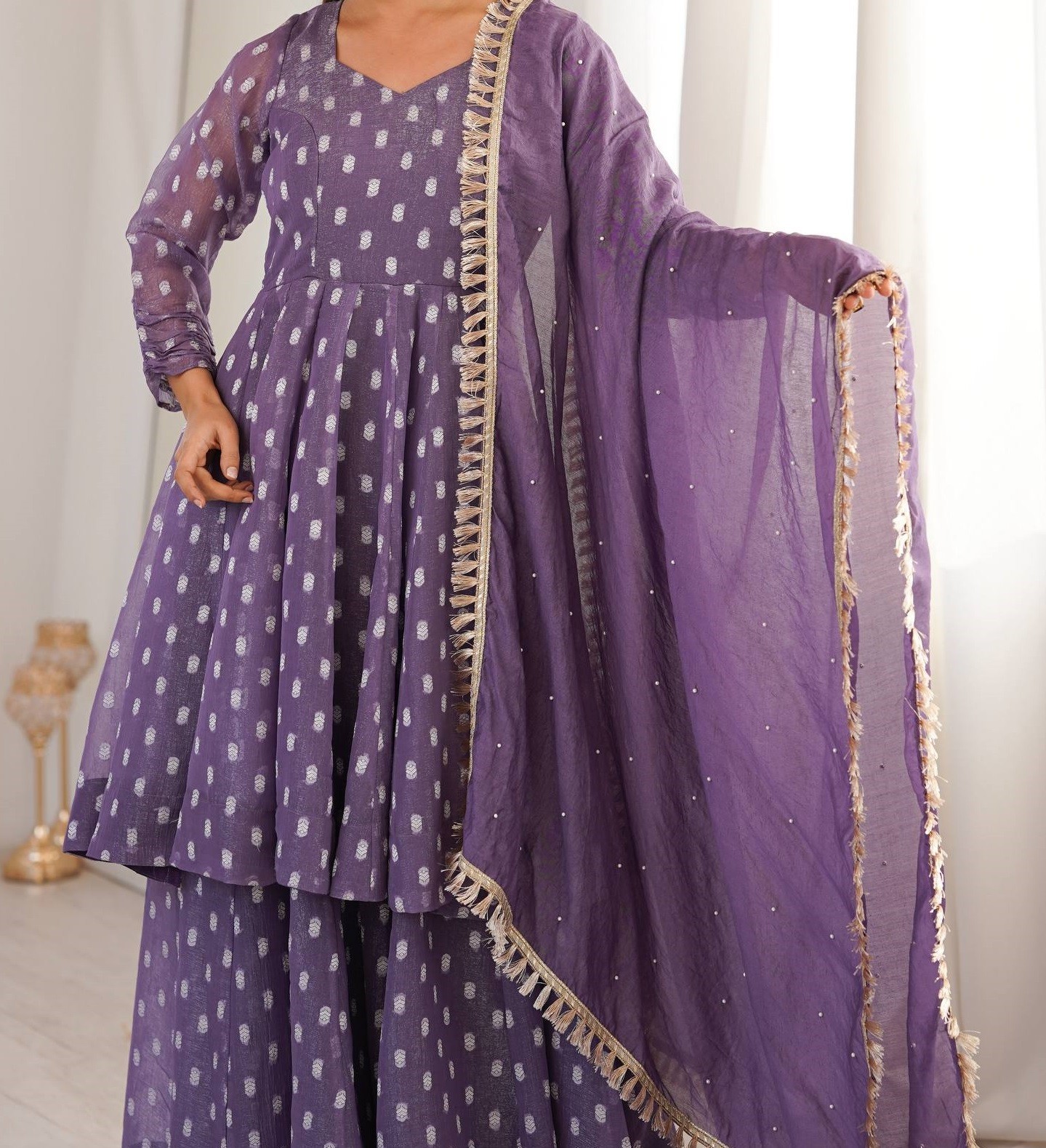 Latest Heavy Crunchy Silk Purple Top Palazzo With Dupatta For Ethnic Wear