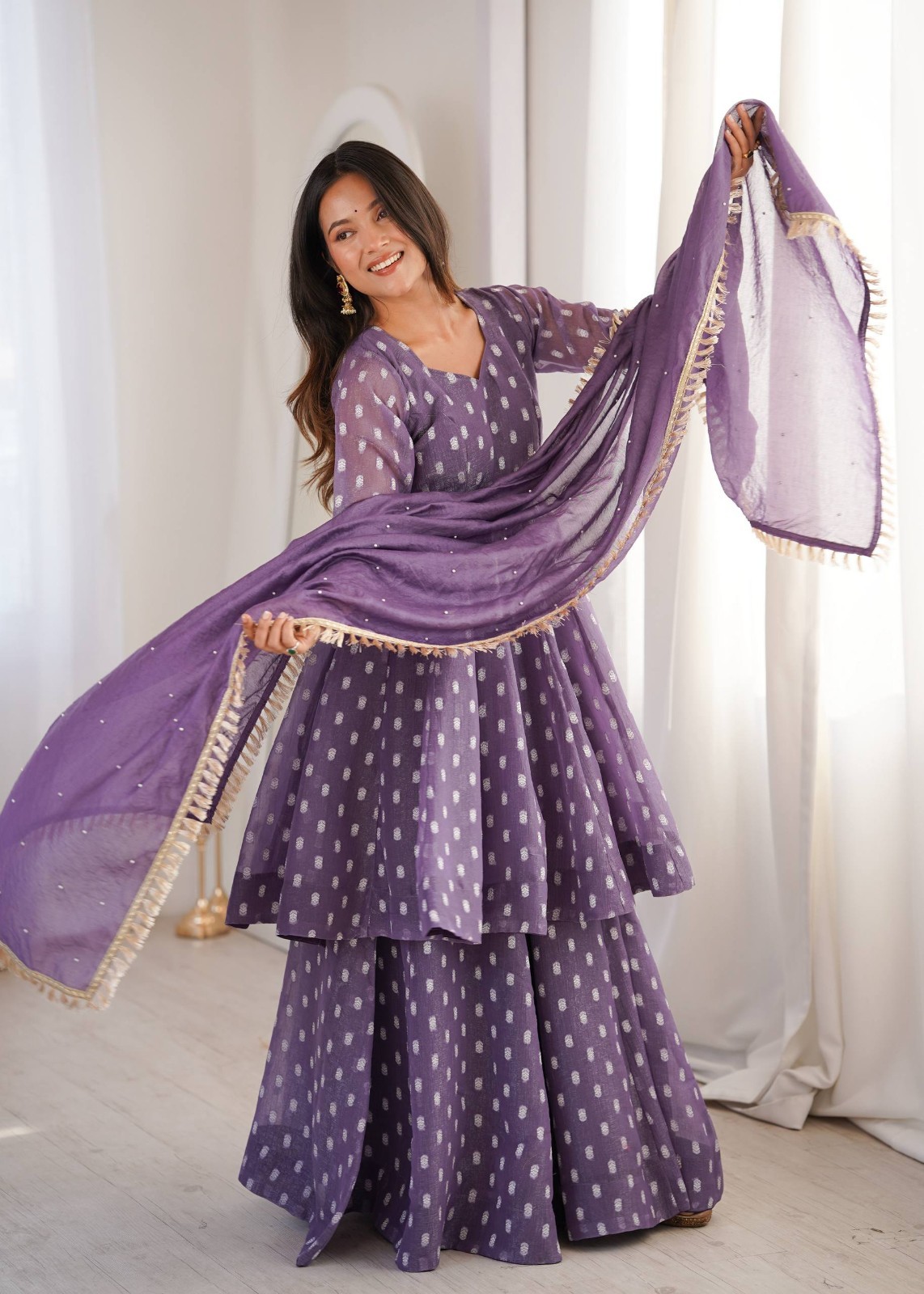 Latest Heavy Crunchy Silk Purple Top Palazzo With Dupatta For Ethnic Wear