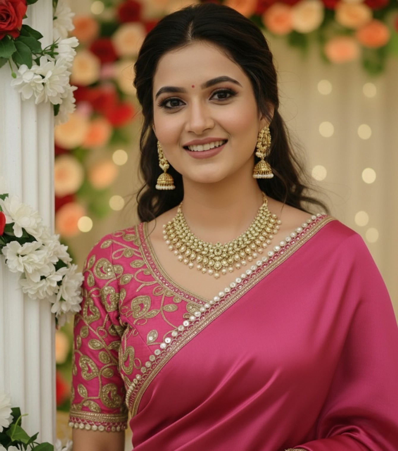 Embroidered Satin, Silk Blend Saree With Stitched Blouse (Pink)
