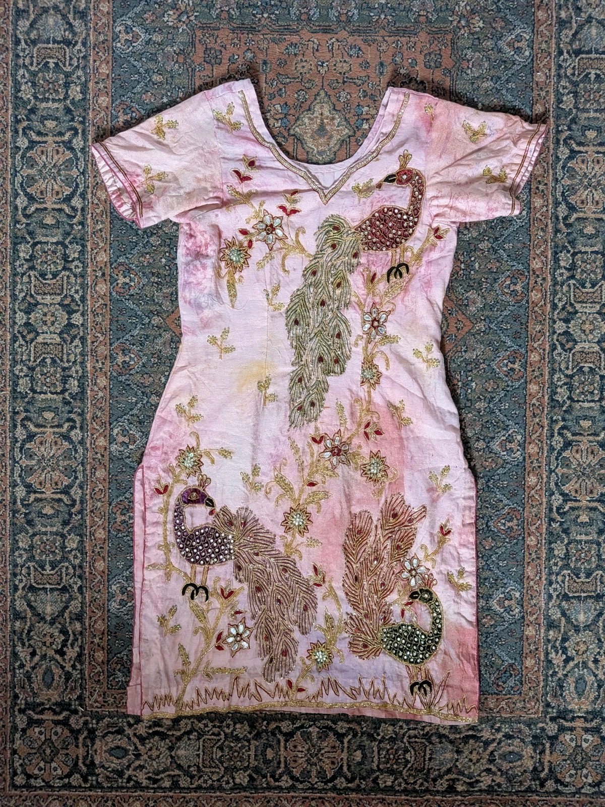 Vintage Hand Embroidered Beaded Peacock Indian Tunic Kurti Pink Boho Maximalist