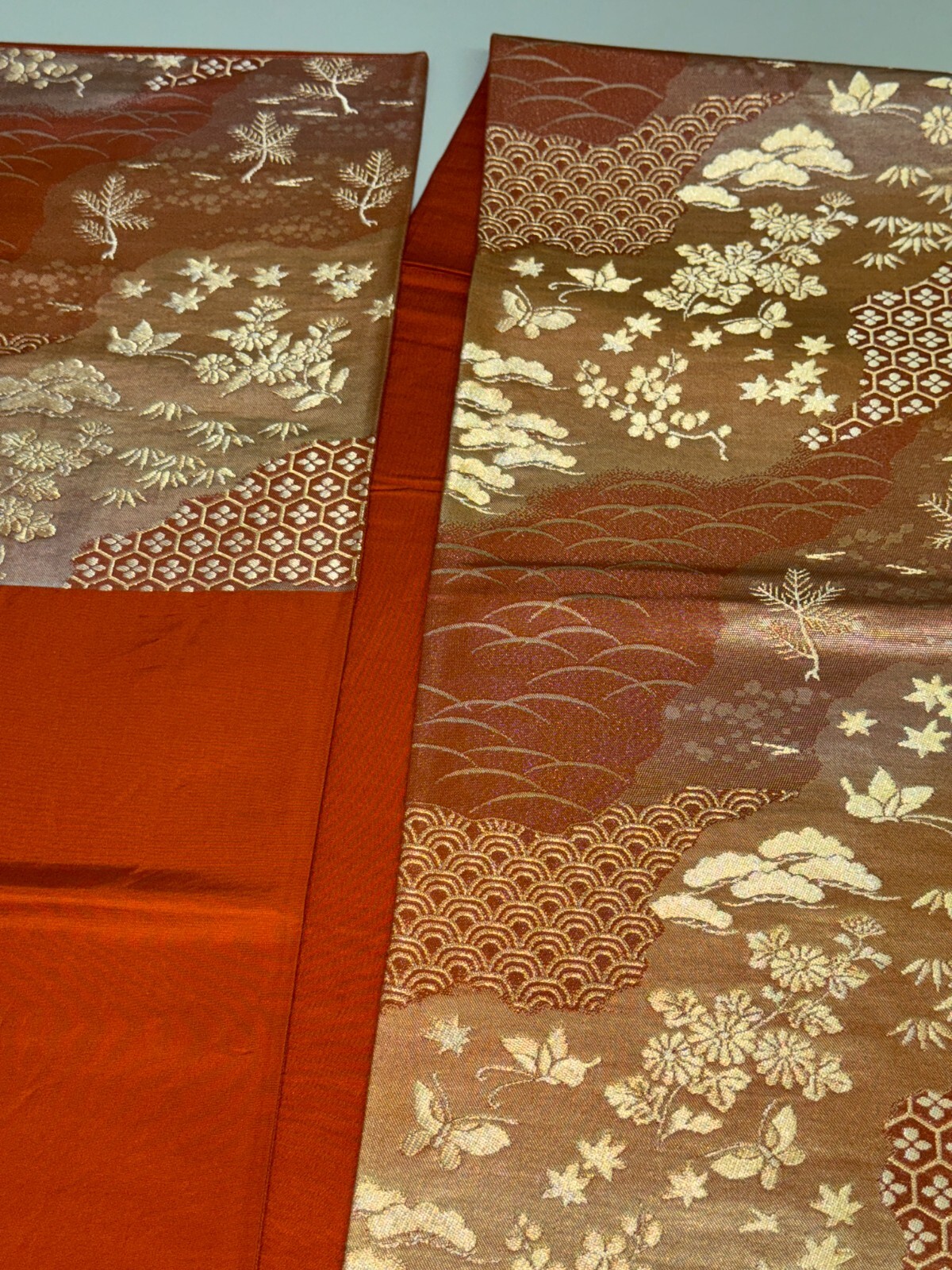 Japanese Vintage Kimono Fukuro Obi silk brown expensive embroidery 167.7×12.2in