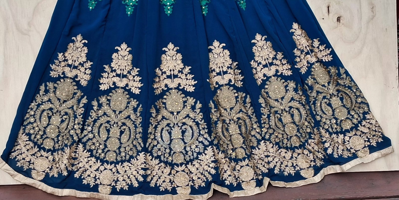 Indian Anarkali Gown Dress S Royal Blue Gold Embroidered Long Sleeve Maxi Party