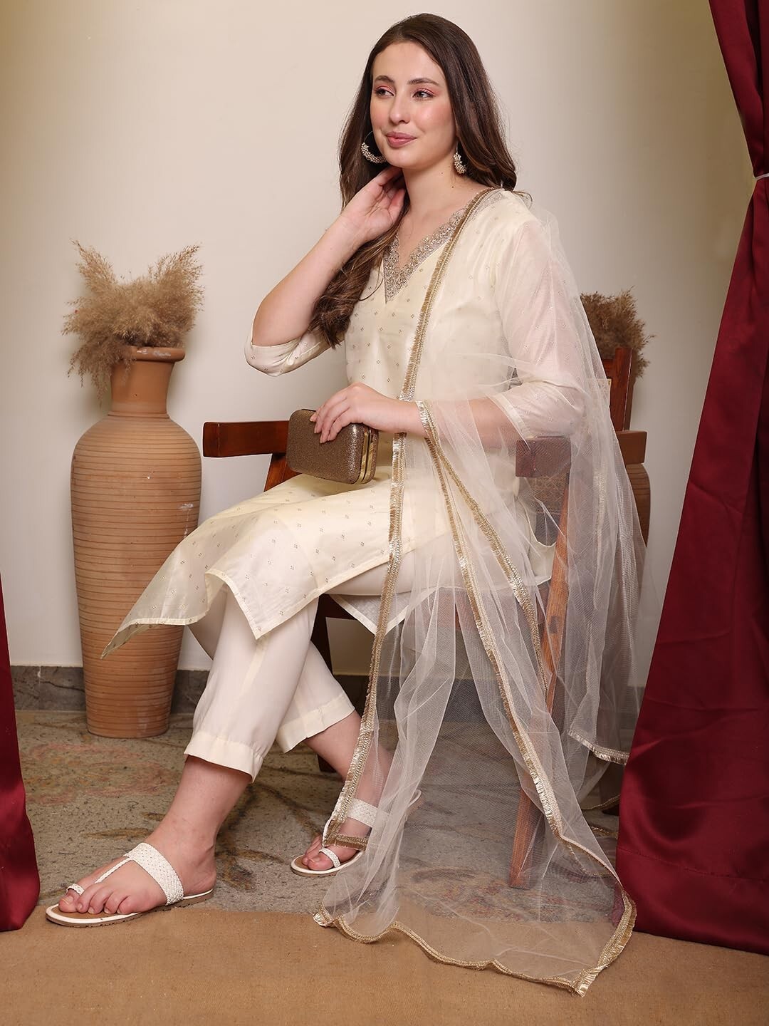 Women’s Solid Embroidred Chanderi Kurta, Pant and Dupatta Set