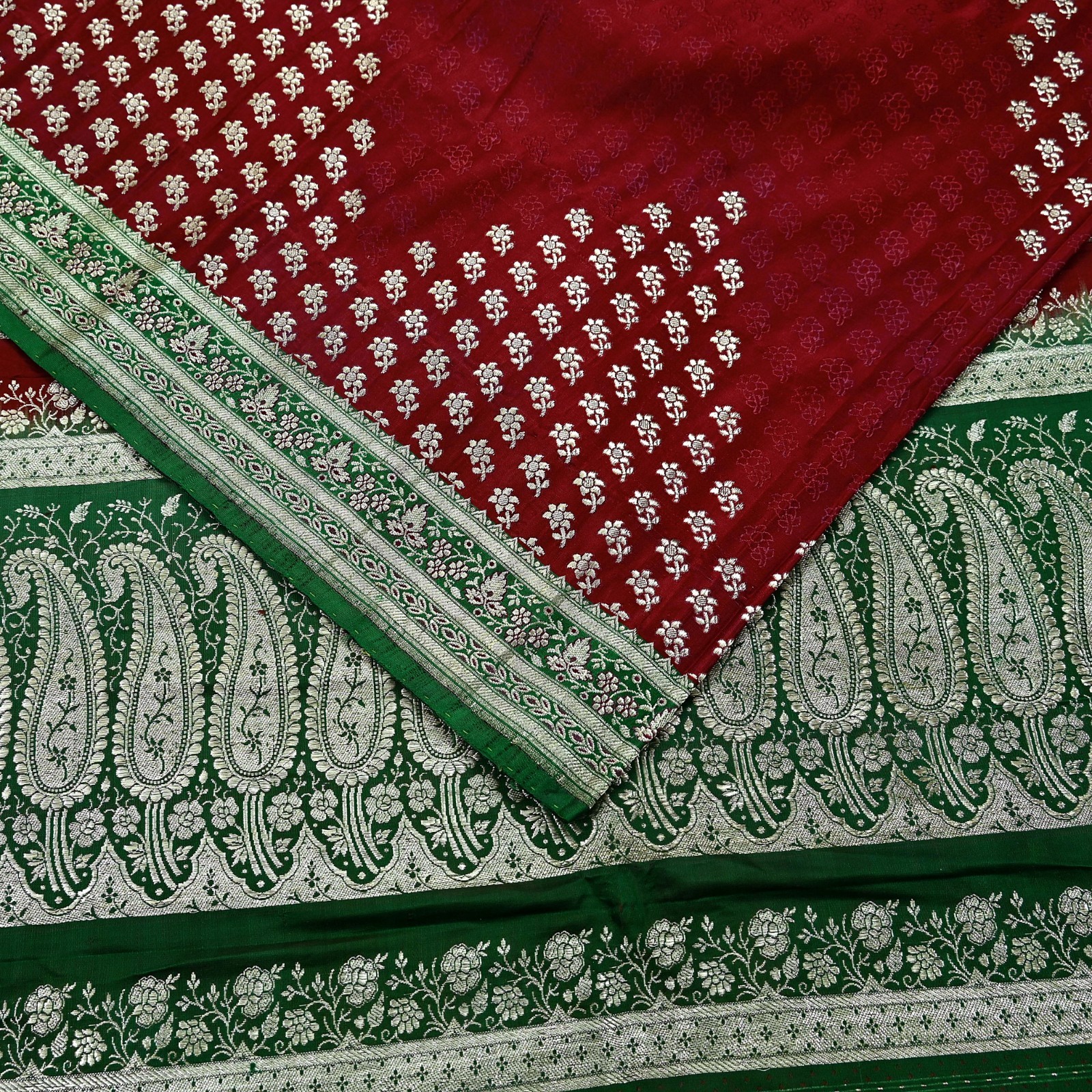 Vintage Banarasi Saree Pure Satin Silk Woven Brocade Zari Fabric Maroon & Green