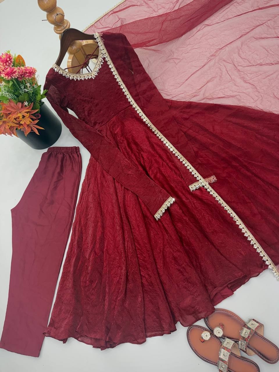 New Latest Doremon Crush Maroon Gown Bottom With Dupatta For Traditional Wear