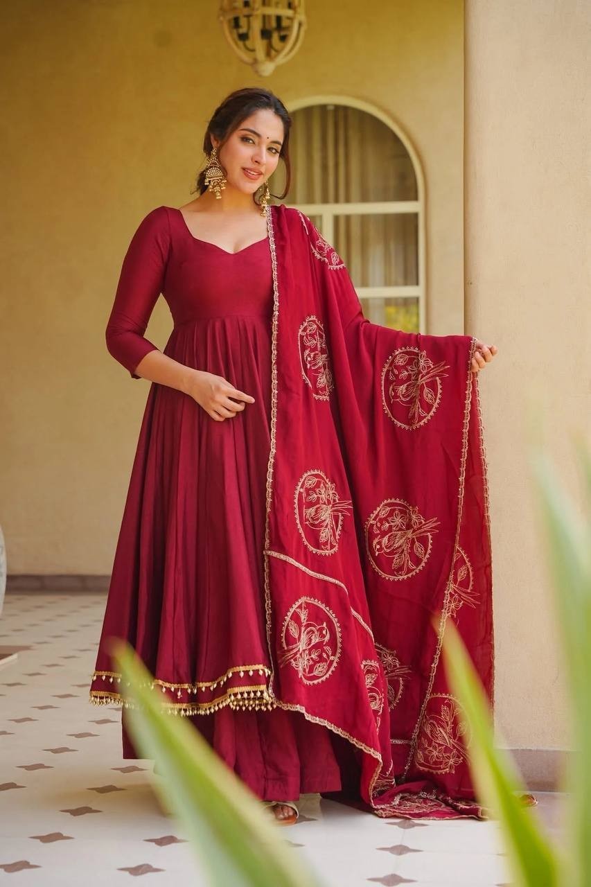 Latest New Heavy Roman Silk Pink Gown Palazzo With Dupatta For Function Wear
