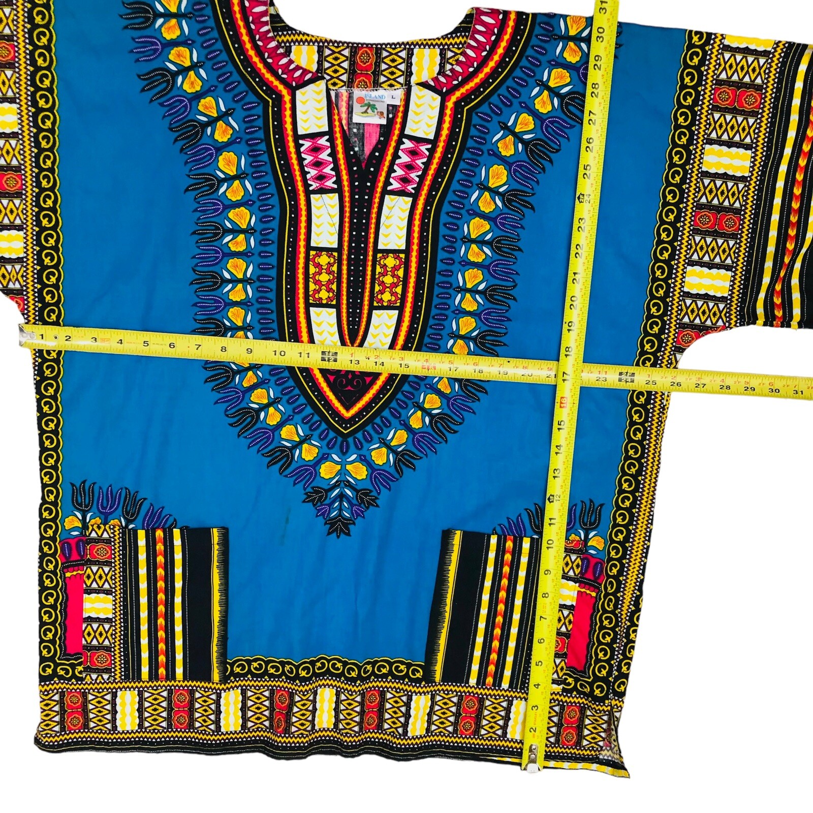 Island Expressions Top Blue Dashiki Tribal African Tunic Caftan Boho Sz L NWOT