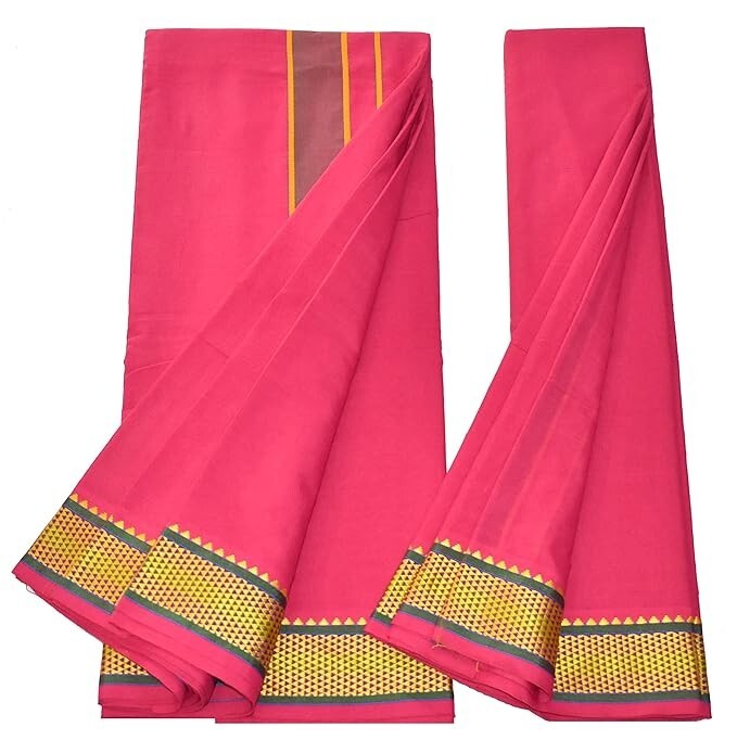 Men’s Panchakacham Dhoti with Angavasthram Zari Border, Cotton, Pink
