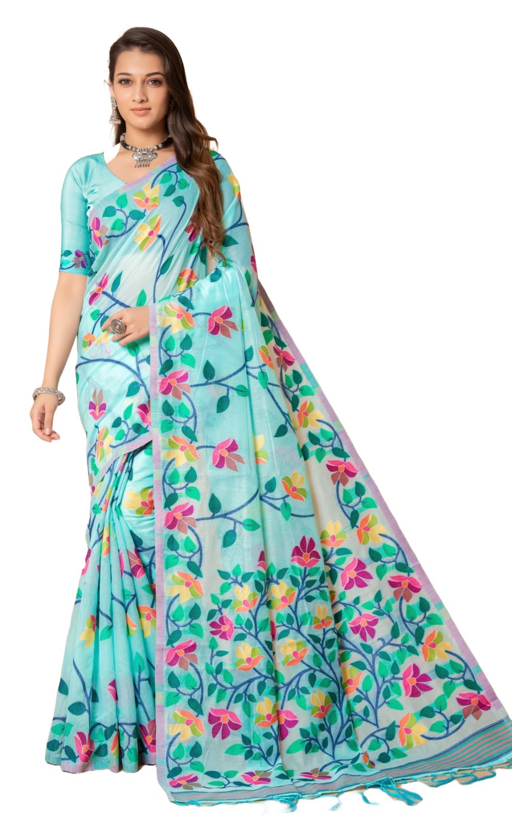 Traditional Soft Jamdani Saree Floral Handwoven Inspired Cotton Blend Women