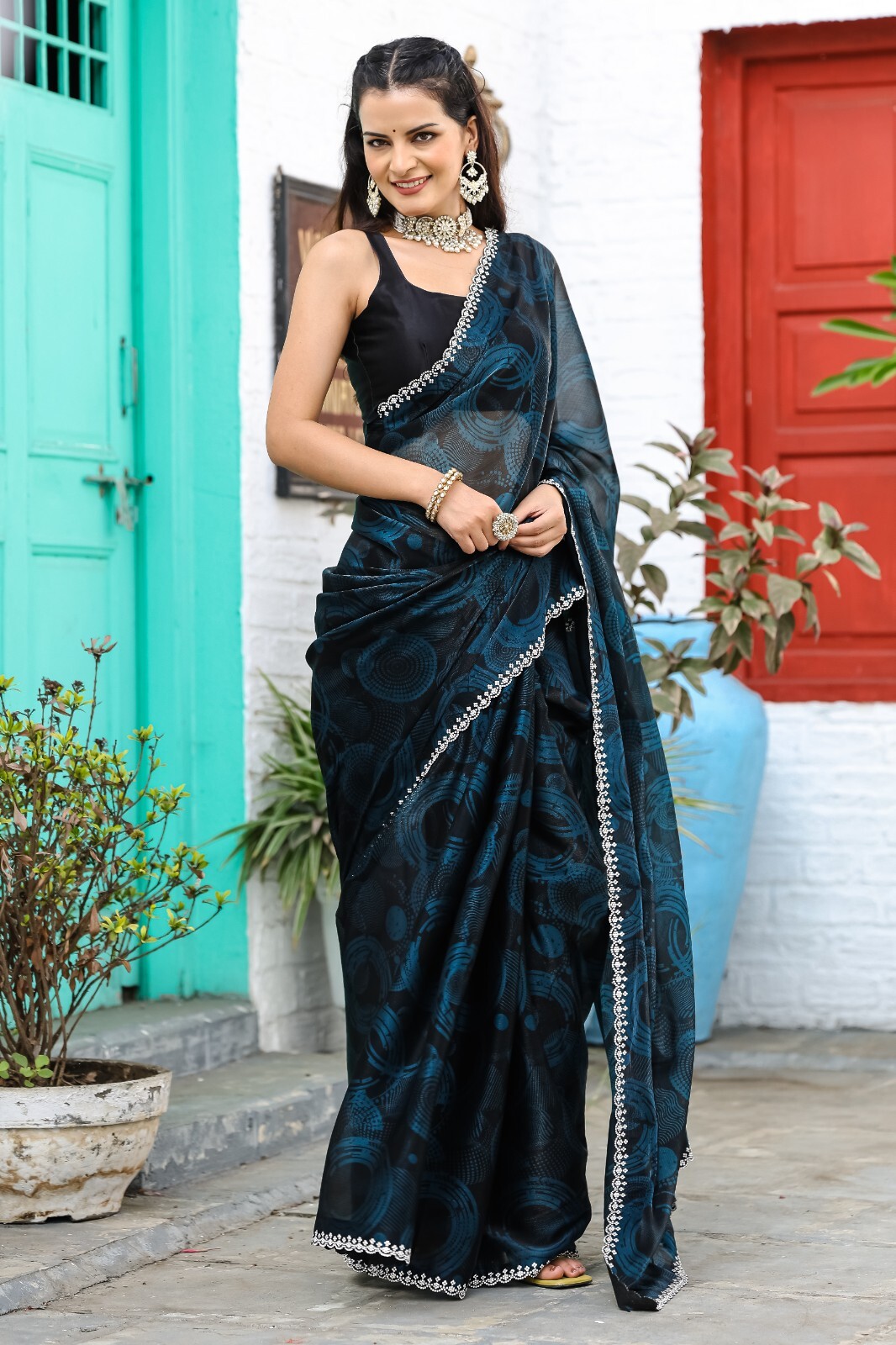 Organza saree with beautiful beads diamond work border Bollywood Partywea saree