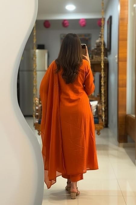 Women Orange Plus Size Rayon Indian Kurta Top & Trouser With Dupatta, Casual Top