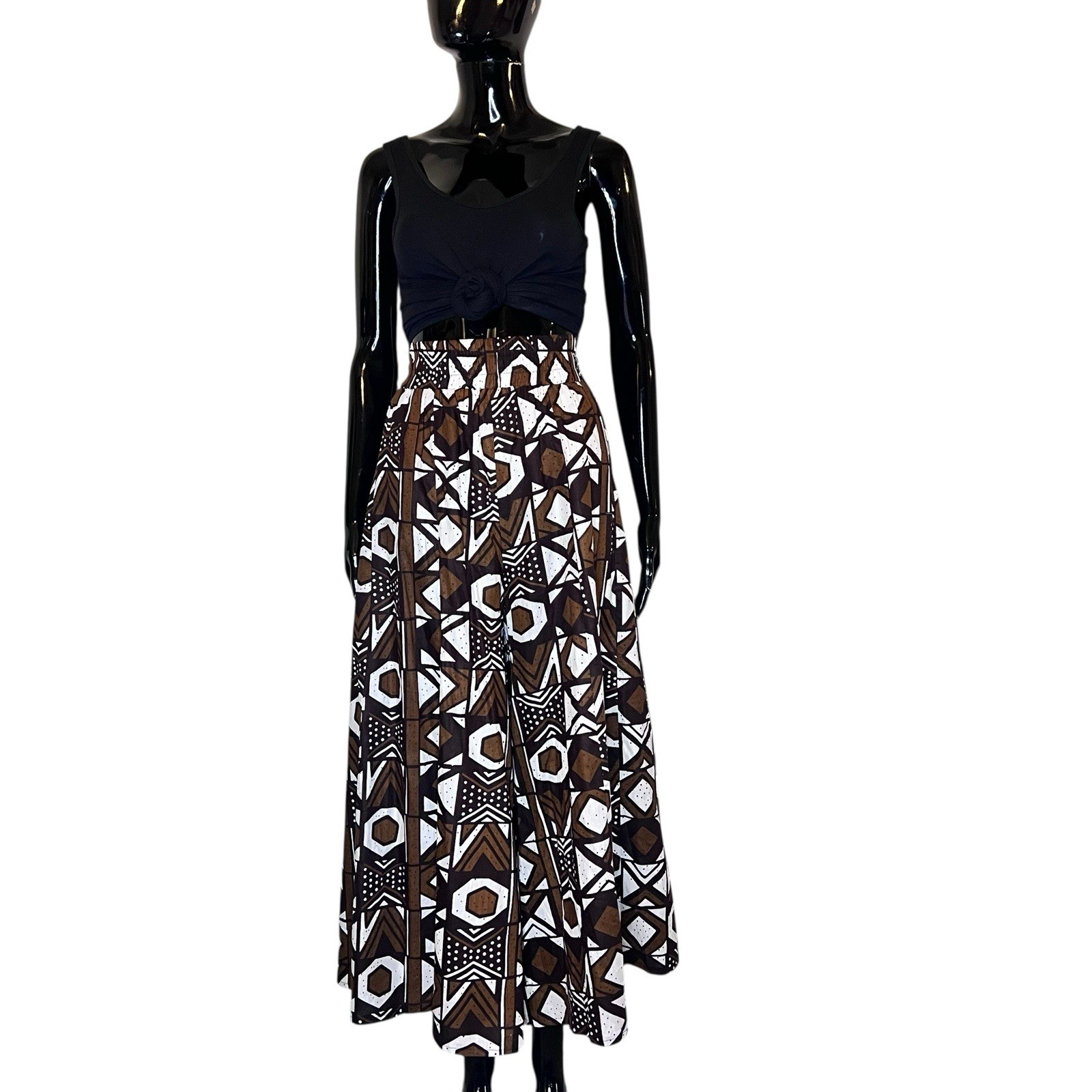 African Print Brown & White Tribal Mud Cloth Print Women Bell Gaucho Pants