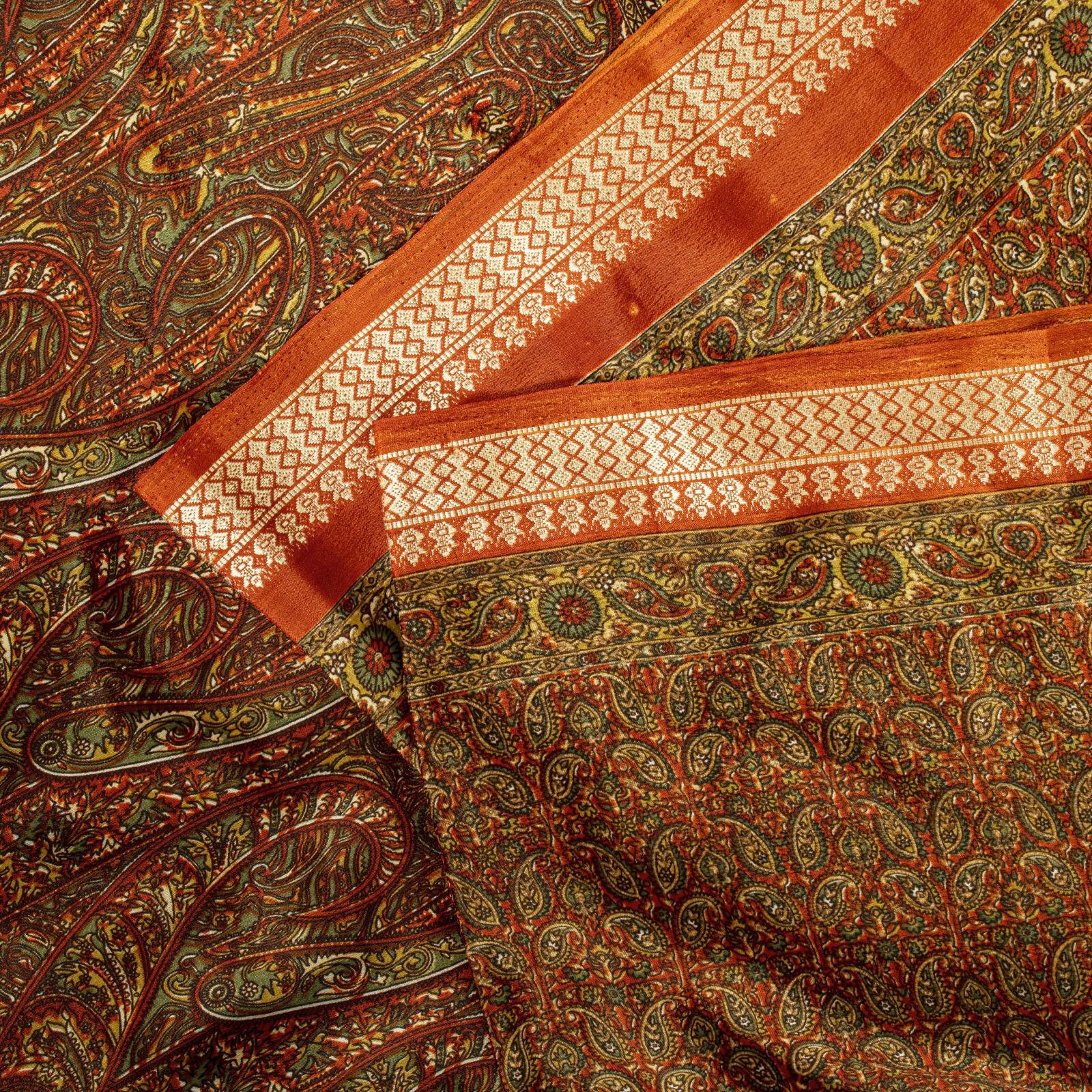 Sanskriti Vintage Soft Orange Moss Crepe Saree Paisley Kalamkari Print Sari 6+Yd